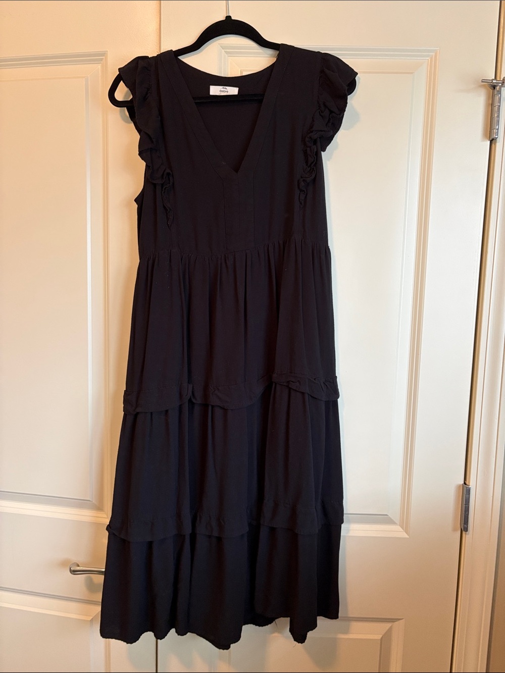 entro Black V-Neck Tiered Midi Dress with Ruffle Sleeves